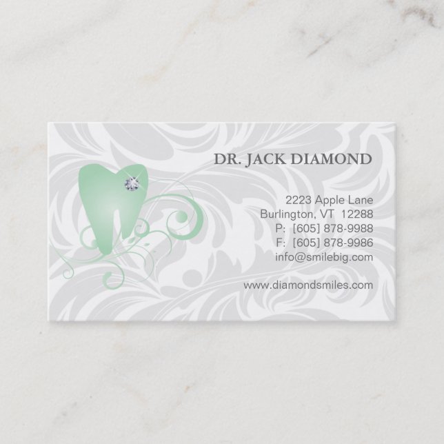 Dental Business Card Diamond Tooth Logo Green 2 (Front)