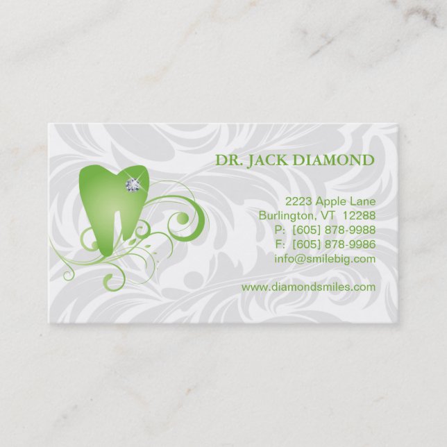 Dental Business Card Diamond Tooth Logo Green 2 (Front)