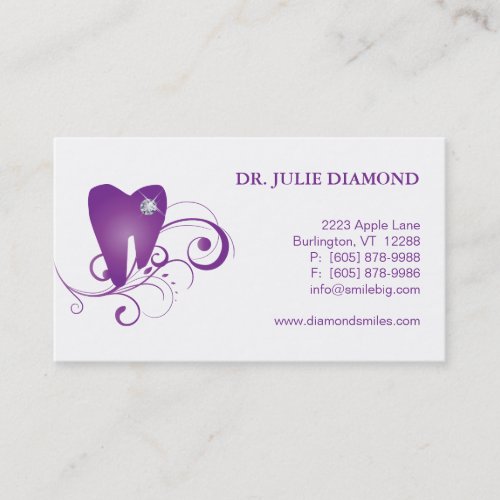 Dental Business Card Diamond Tooth Logo Purple