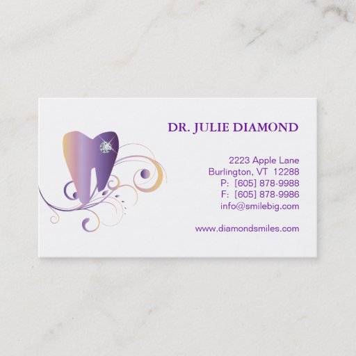 Customizable Dental Business Card Diamond Tooth Logo Purple Ylw
