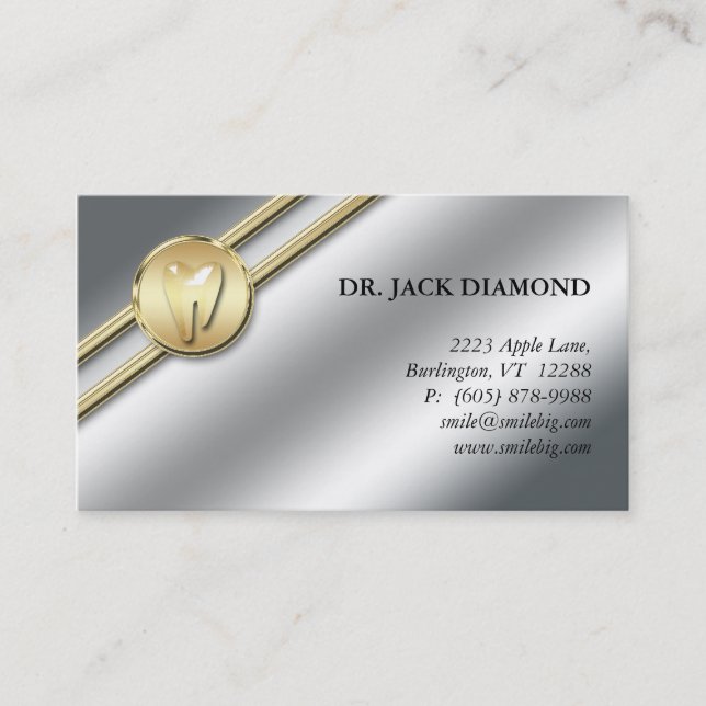 Dental Business Card Tooth Logo Gold Stripe Silver (Front)