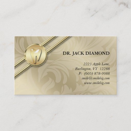 Customizable Dental Business Card Tooth Logo Gold Stripes Leaf