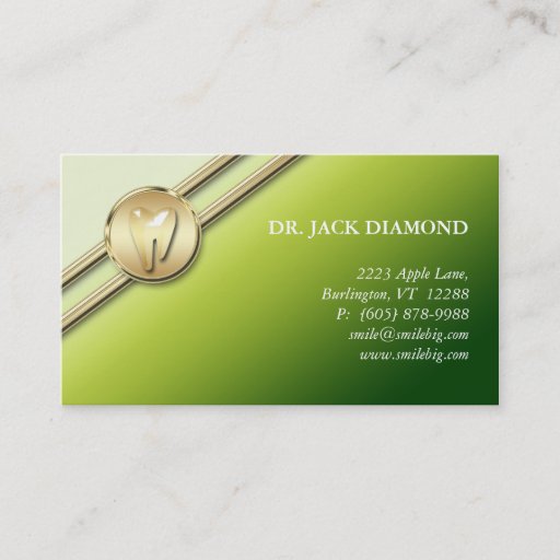 Customizable Dental Business Card Tooth Logo Gold Stripes Lime