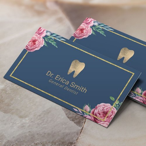 Dental Care Elegant Navy  Gold Floral Dentist Business Card