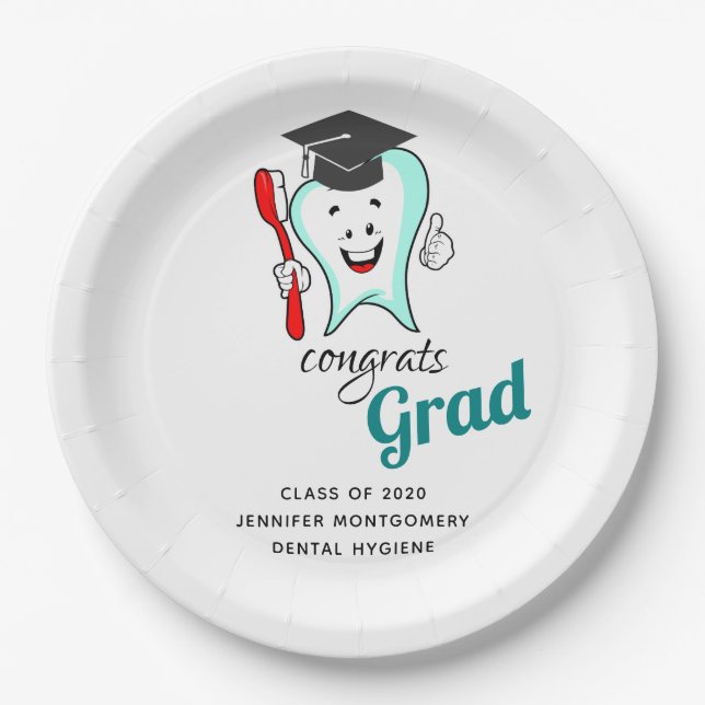 Dental Care Happy Tooth Graduation Cap Paper Plates (Front)