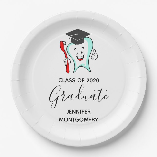 Dental Care Happy Tooth Graduation Cap Paper Plates (Front)
