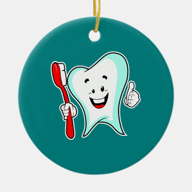 Dental Care Happy Tooth with Toothbrush Ceramic Ornament (Front)