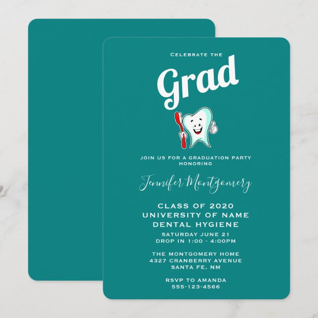 Dental Care Happy Tooth with Toothbrush Graduation Invitation (Front/Back)