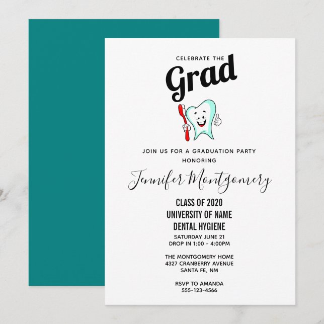 Dental Care Happy Tooth with Toothbrush Graduation Invitation (Front/Back)