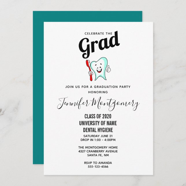 Dental Care Happy Tooth with Toothbrush Graduation Invitation (Front/Back)