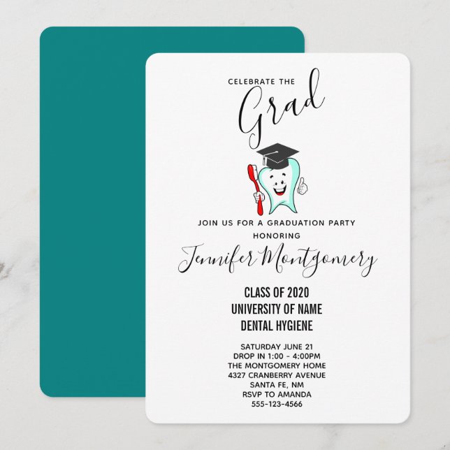 Dental Care Happy Tooth with Toothbrush Graduation Invitation (Front/Back)