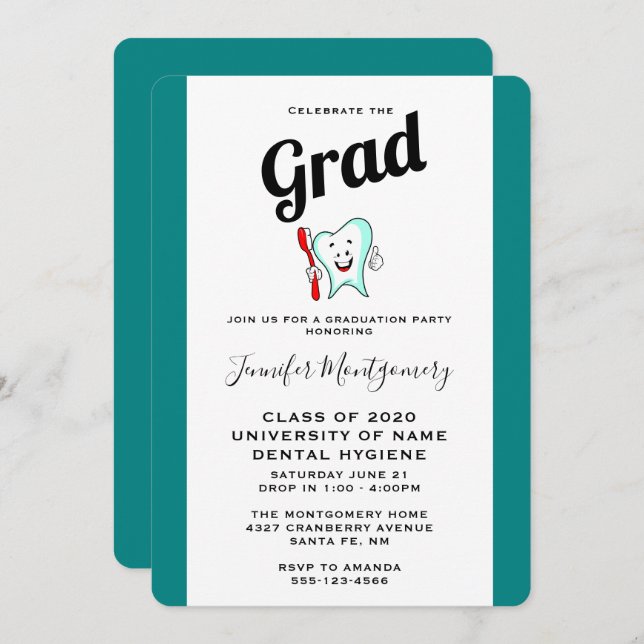 Dental Care Happy Tooth with Toothbrush Graduation Invitation (Front/Back)