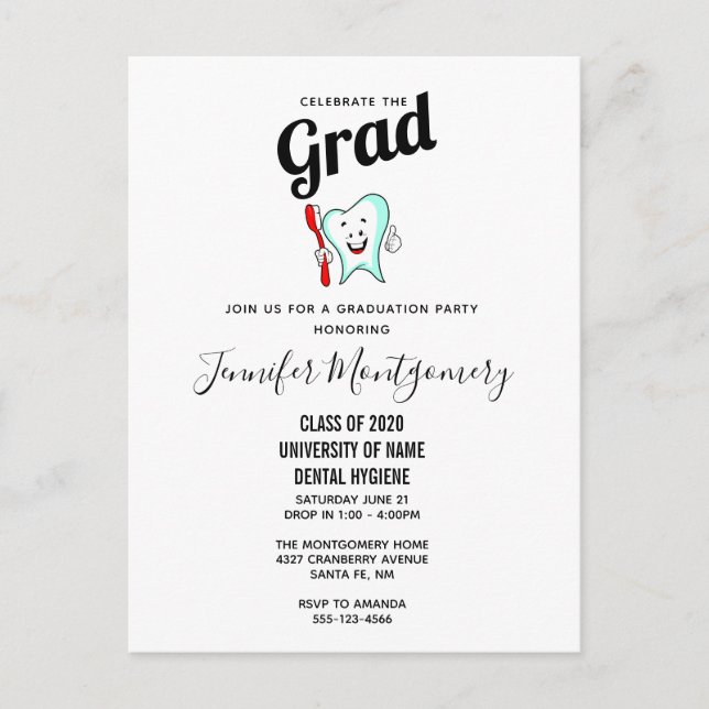 Dental Care Happy Tooth with Toothbrush Graduation Invitation Postcard (Front)