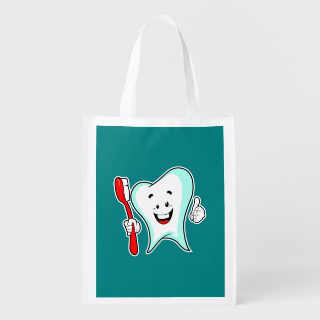 Dental Care Happy Tooth with Toothbrush Grocery Bag (Front)