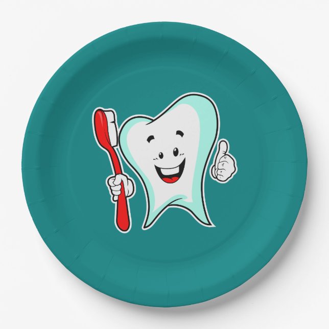 Dental Care Happy Tooth with Toothbrush Paper Plates (Front)