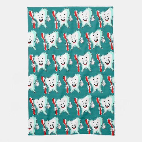 Dental Care Happy Tooth with Toothbrush Pattern Kitchen Towel