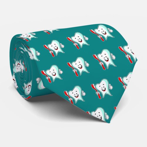 Dental Care Happy Tooth with Toothbrush Pattern Neck Tie