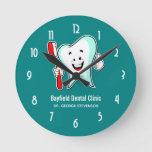 Dental Care Happy Tooth With Toothbrush Round Clock at Zazzle