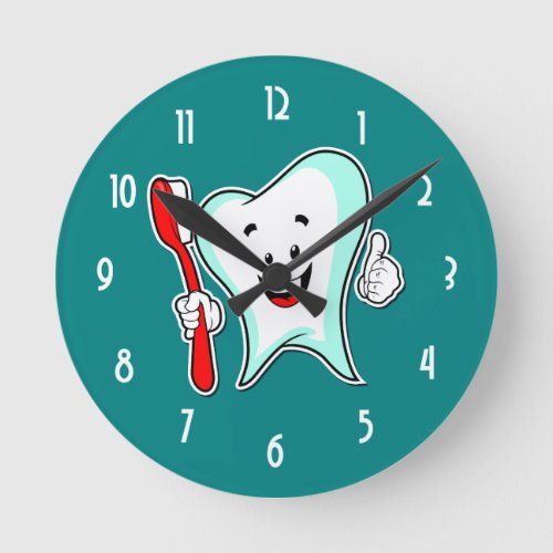Dental Care Happy Tooth with Toothbrush Round Clock