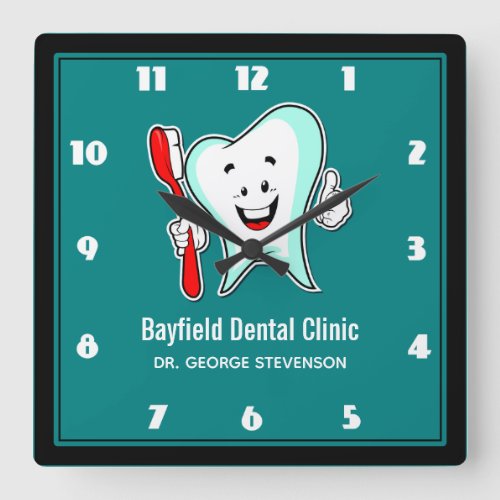 Dental Care Happy Tooth with Toothbrush Square Wall Clock
