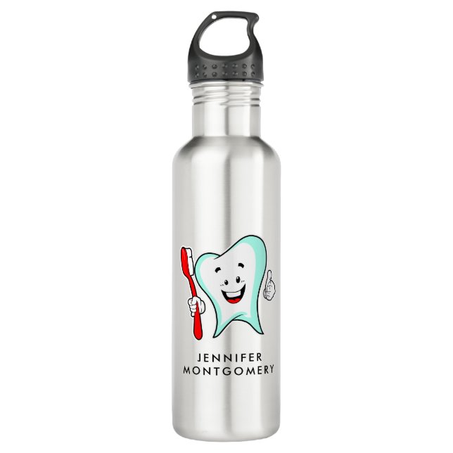 Dental Care Happy Tooth with Toothbrush Stainless Steel Water Bottle (Front)