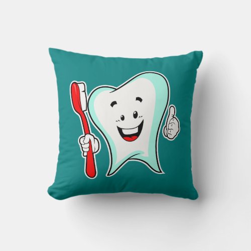 Dental Care Happy Tooth with Toothbrush Throw Pillow