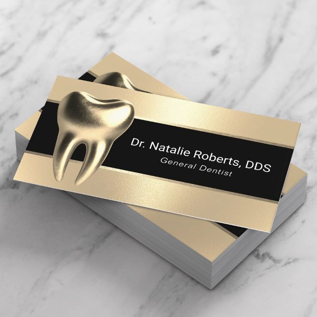 Dental Care Modern Black & Gold 3D Tooth Dentist Business Card (Creator Uploaded)