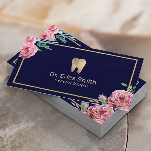 Dental Care Modern Navy & Gold Floral Dentist Business Card