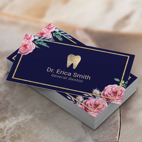 Dental Care Modern Navy  Gold Floral Dentist  Business Card