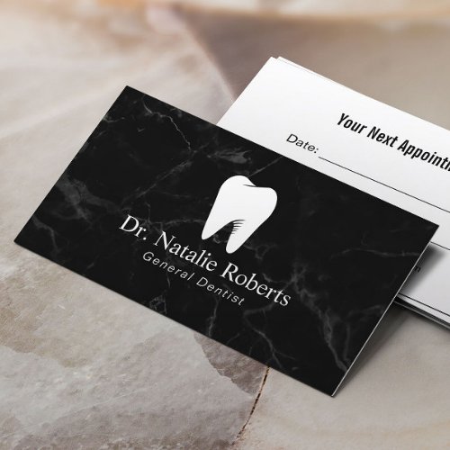Dental Care Tooth Logo Dark Marble Dentist Appointment Card