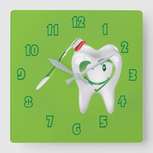 Dental Cartoon Tooth Toothbrush Green Square Wall Clock