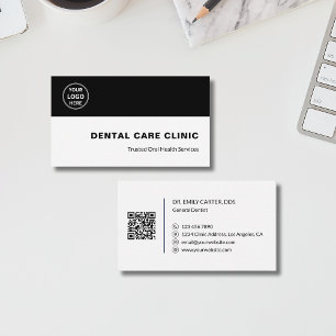 Dental Clinic Dentist Custom Logo QR Code Black Business Card