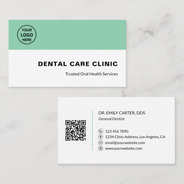 Dental Clinic Dentist Logo QR Code Soft Green Business Card (Front/Back)