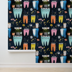 Dental Clinic Wall Decor Colorful Tooth & Flowers Wallpaper
