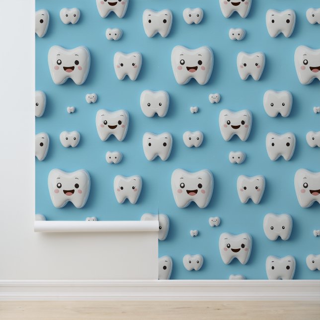 Dental Clinic Wall Decor White Smiling Face Tooth  Wallpaper (Application)