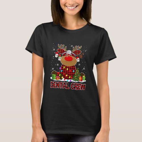 Dental Crew Christmas Light Reindeer Red Plaid T_Shirt