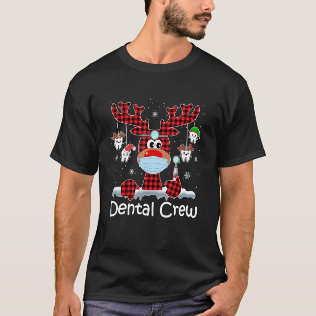 Dental Crew Christmas Light Reindeer Red Plaid Too T-Shirt (Front)