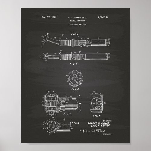 Dental Handpiece 1961 Patent Art Chalkboard Poster