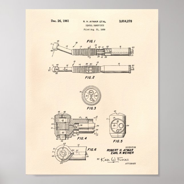 Dental Handpiece 1961 Patent Art Old Peper Poster (Front)