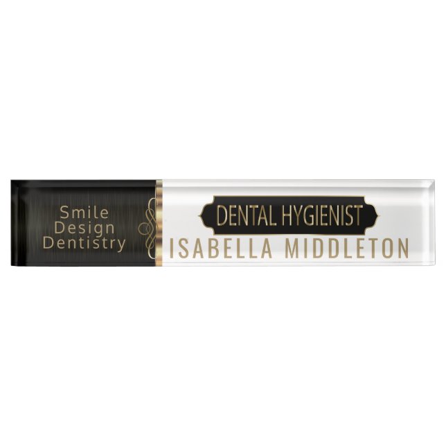 Dental 🦷 Hygienist Black, White & Gold Desk Name Plate (Front)