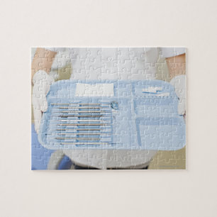 Dental hygienist holding tray of dental jigsaw puzzle