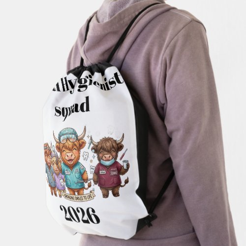 Dental Hygienist Squad Cute Highland Cow Group tsh Drawstring Bag