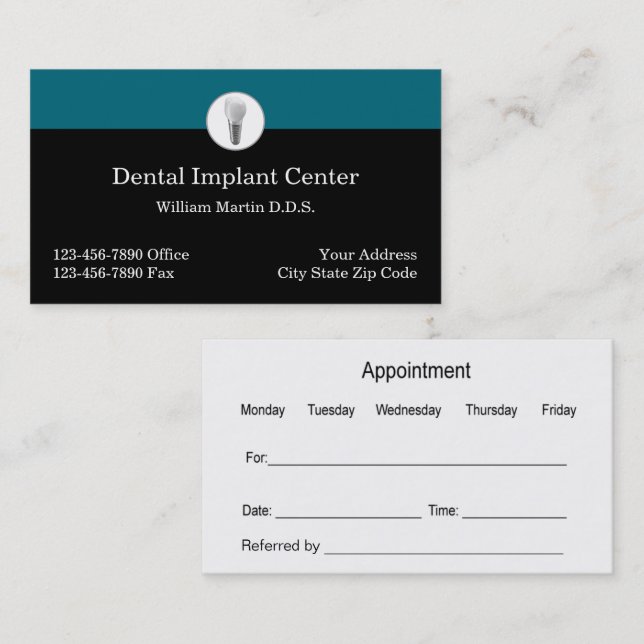 Dental Implant Dentist Business Appointment Cards (Front/Back)
