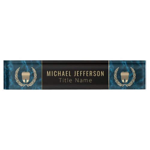 Dental Office  _ Blue Marble Black  Gold Desk Name Plate