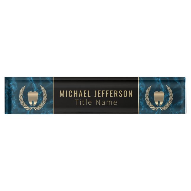 Dental Office  - Blue Marble, Black & Gold Desk Name Plate (Front)