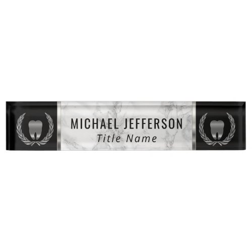 Dental Office  _ Gray Marble Black  Silver Desk Name Plate