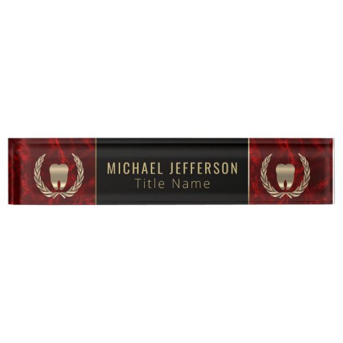 Dental Office  _ Red Marble Black  Gold Desk Name Plate