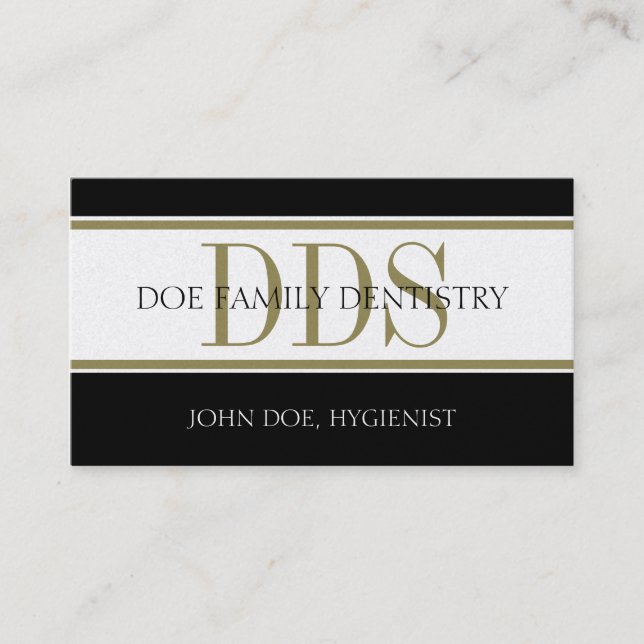 Dental Office Stripes DDS White/Gold Paper Business Card (Front)