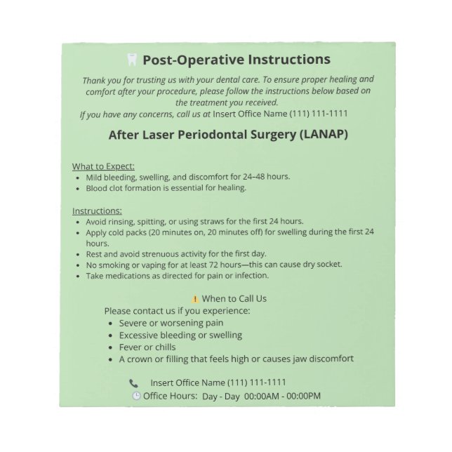 Dental Post Op Instructions Notepad (LANAP) (Front)
