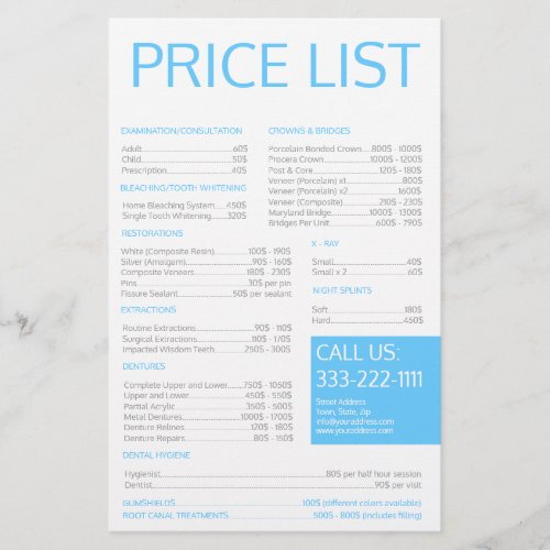 Dental Practice Dentist Simple Price List Stationery